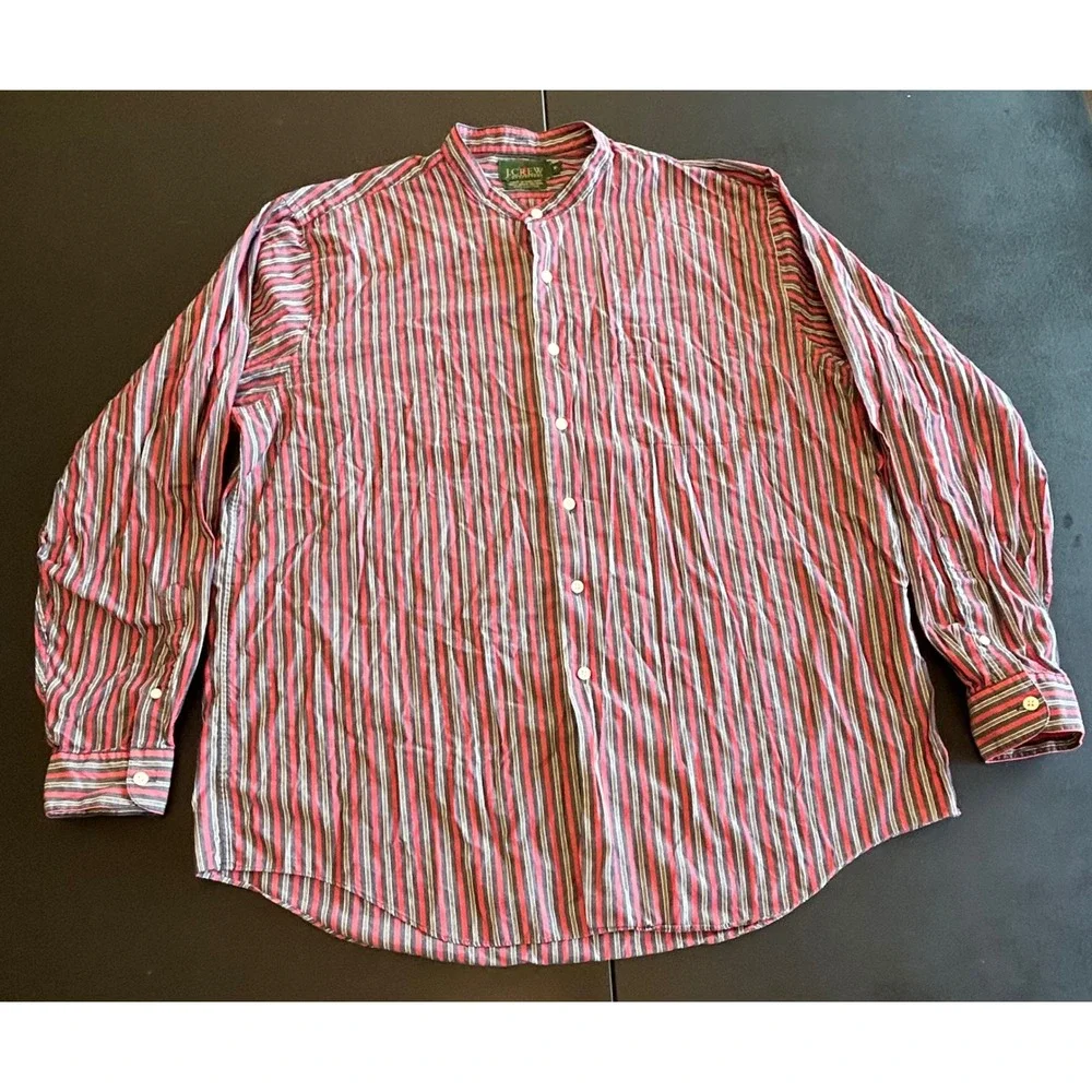 VTG J Crew Outfitters Mens XL Grandad Band Collar Shirt Striped Cotton Hong Kong